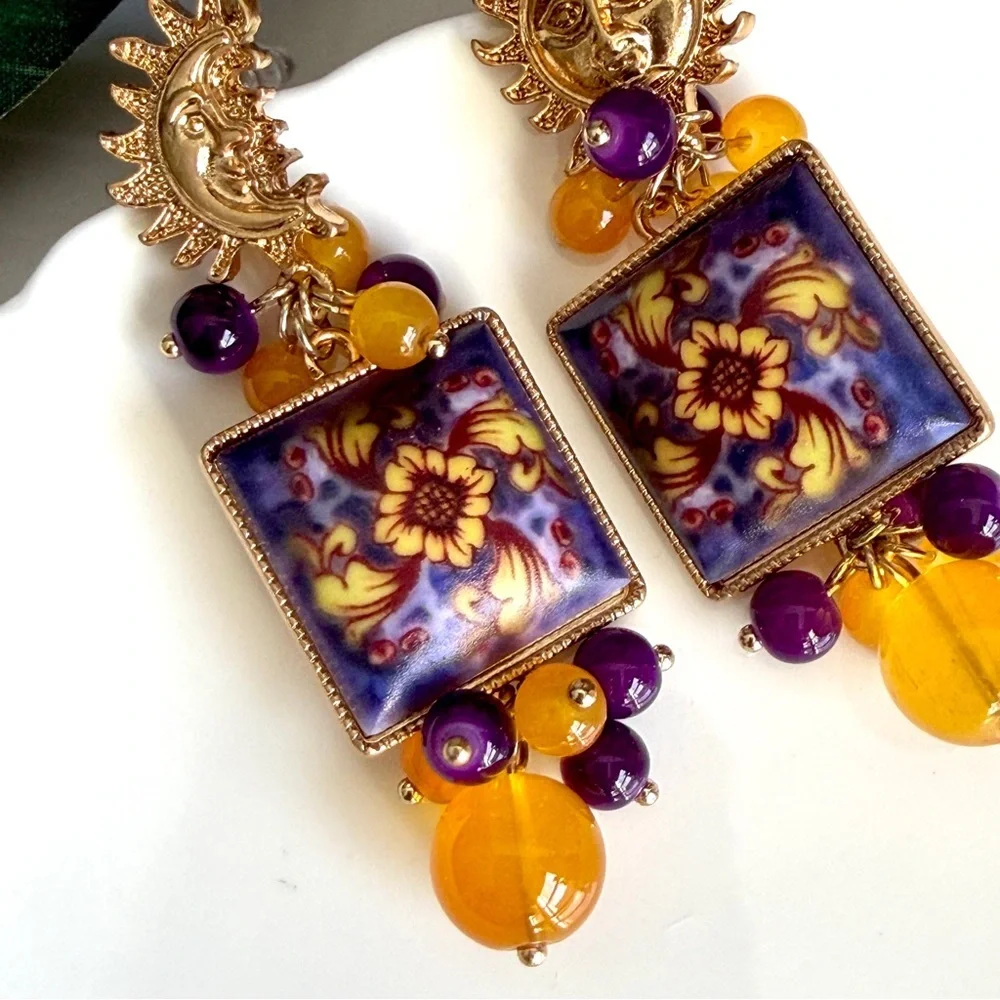 Celestial Sun Moon Earrings Vintage Style Tile 90’s Vibe Ornate Beaded Purple